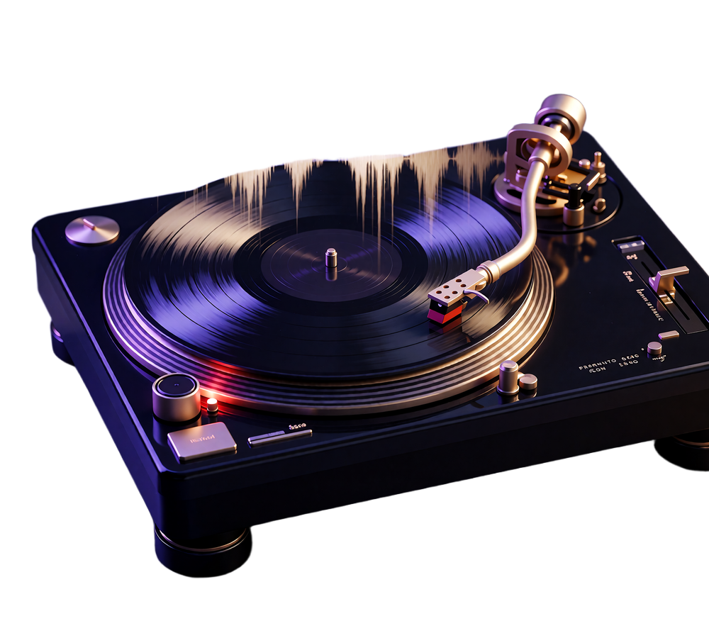 Pladespiller i sort lak med guldtonearm p&aring; en roterende vinylplade og violette lysrefleksioner - WinBeatz' musiktema