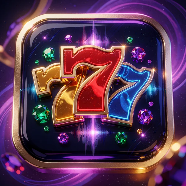 Tre emaljerede lucky seven-symboler med gr&oslash;nne og lilla &aelig;delsten p&aring; kosmisk violet baggrund - free spins-slots