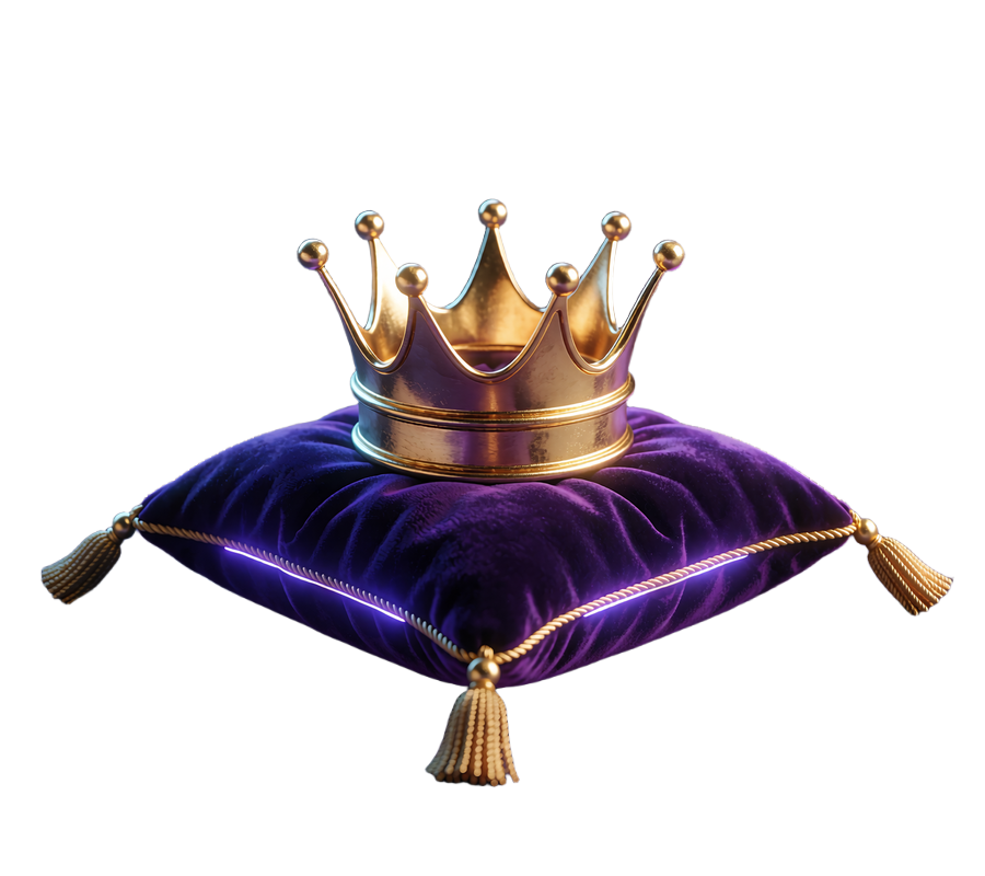 Poleret guldkrone p&aring; en violet velourpude med guldkvaster - symbol p&aring; VIP Club hos WinBeatz