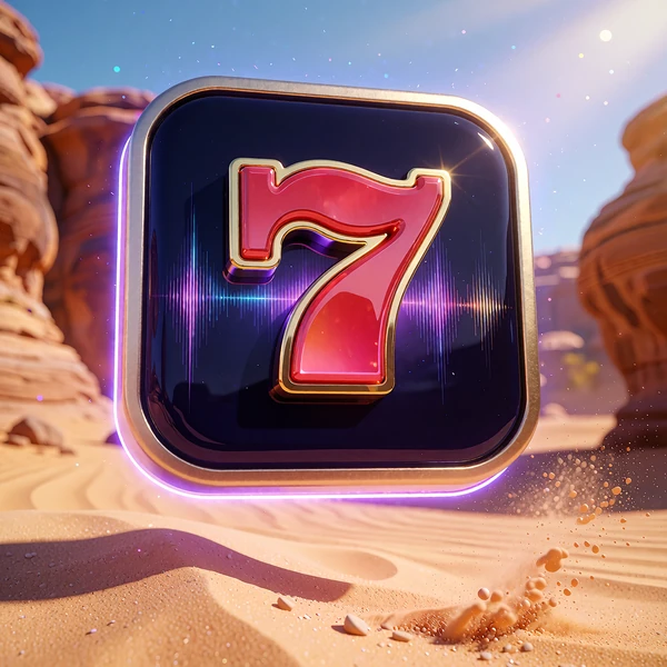 R&oslash;dt lucky seven-symbol med guldkant over en solbeskinnet &oslash;rkenkl&oslash;ft - stemningsbillede for popul&aelig;re slots